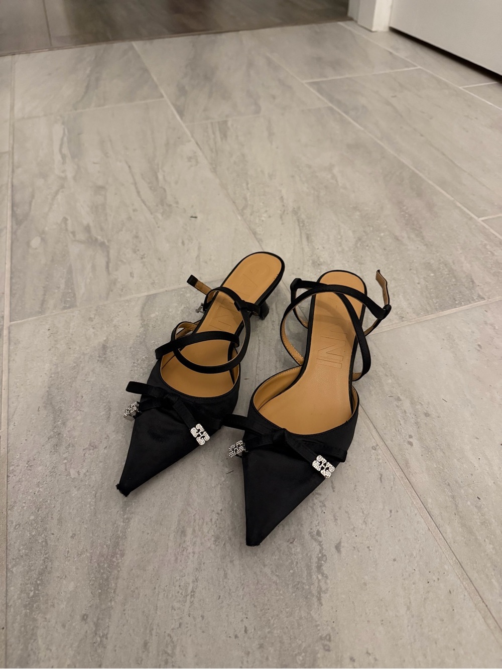 Ganni Black satin butterfly bow pumps (toes scratched but can’t notice much)
